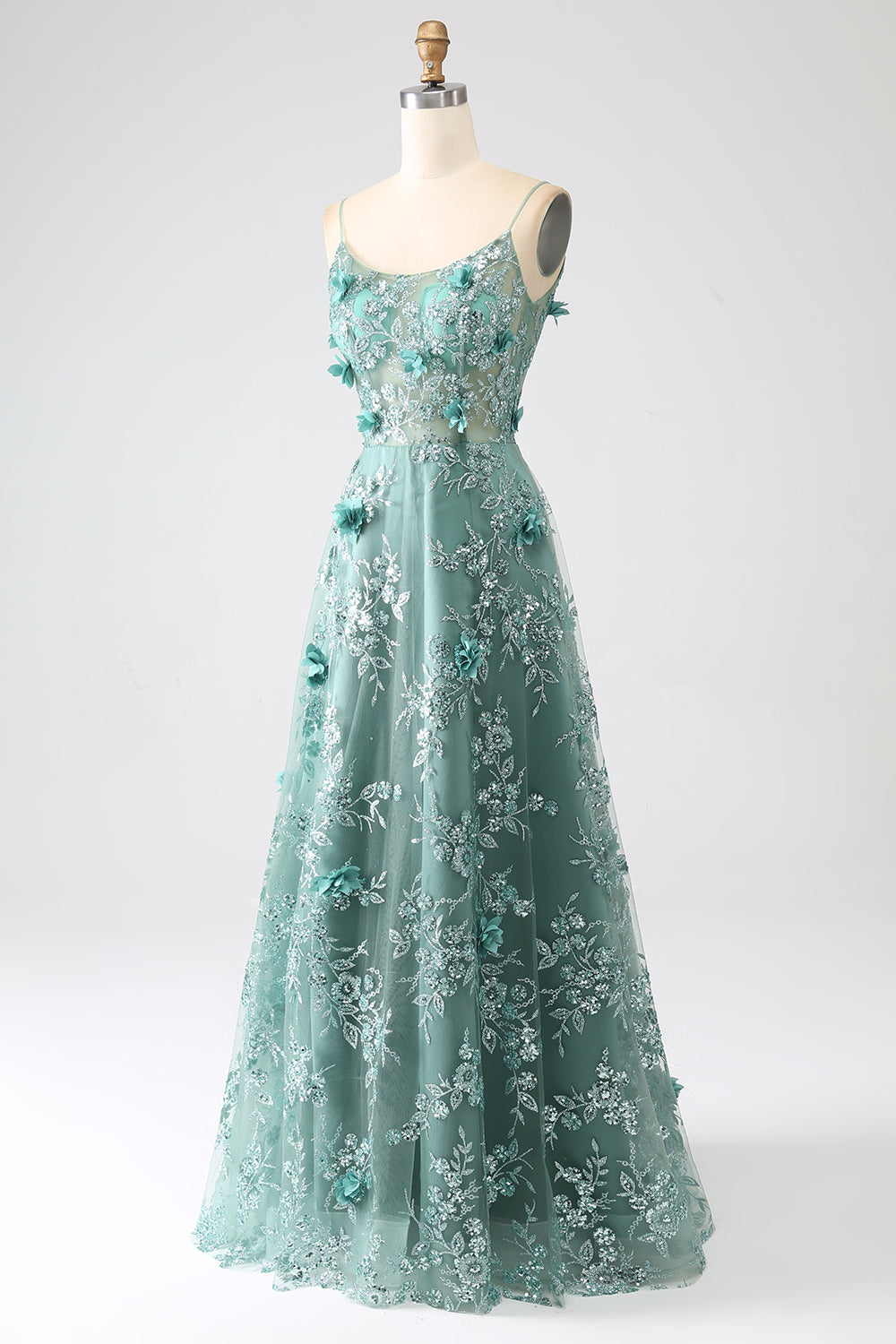 Vestido de fiesta largo con corsé de flores de encaje gris brillante