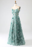 Vestido de fiesta largo con corsé de flores de encaje gris brillante