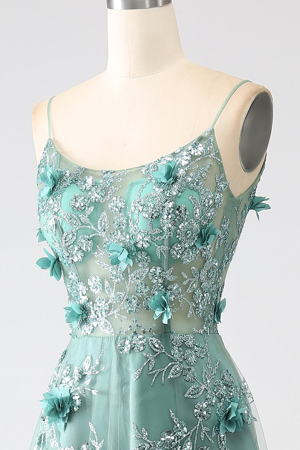 Vestido de fiesta largo con corsé de flores de encaje gris brillante