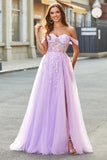 Vestido de fiesta con corsé de cuentas lila de línea A con hombros descubiertos