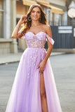 Vestido de fiesta con corsé de cuentas lila de línea A con hombros descubiertos