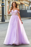 Vestido de fiesta con corsé de cuentas lila de línea A con hombros descubiertos