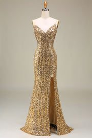 Vestido de fiesta largo dorado de sirena brillante con abertura