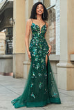 Impresionante vestido de fiesta largo de sirena con tirantes de espagueti verde oscuro con apliques