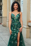 Impresionante vestido de fiesta largo de sirena con tirantes de espagueti verde oscuro con apliques