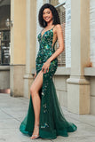 Impresionante vestido de fiesta largo de sirena con tirantes de espagueti verde oscuro con apliques