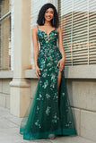Impresionante vestido de fiesta largo de sirena con tirantes de espagueti verde oscuro con apliques