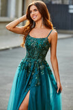 Precioso vestido de fiesta largo verde oscuro con tirantes de espagueti de una línea con apliques