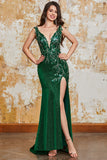 Vestido de fiesta de sirena verde oscuro brillante con abertura