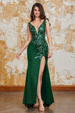 Vestido de fiesta de sirena verde oscuro brillante con abertura