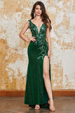 Vestido de fiesta de sirena verde oscuro brillante con abertura