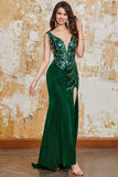 Vestido de fiesta de sirena verde oscuro brillante con abertura
