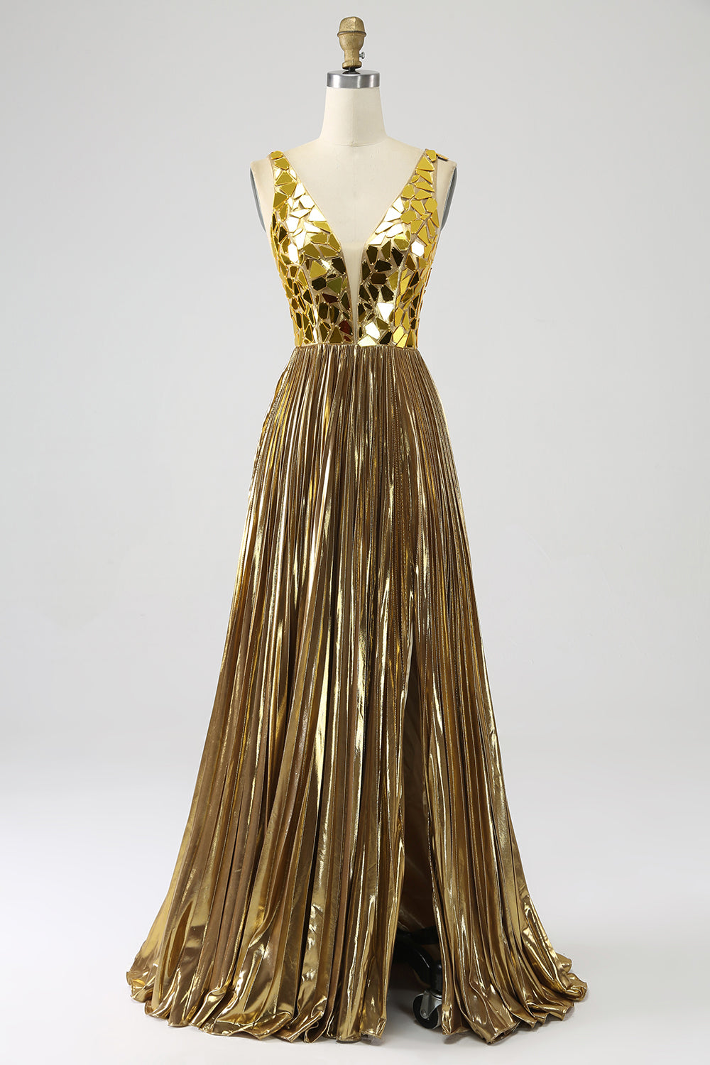 Vestido de fiesta largo dorado con escote en V profundo de una línea brillante con frente dividido