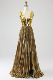 Vestido de fiesta largo dorado con escote en V profundo de una línea brillante con frente dividido