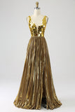 Vestido de fiesta largo dorado con escote en V profundo de una línea brillante con frente dividido
