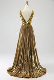 Vestido de fiesta largo dorado con escote en V profundo de una línea brillante con frente dividido