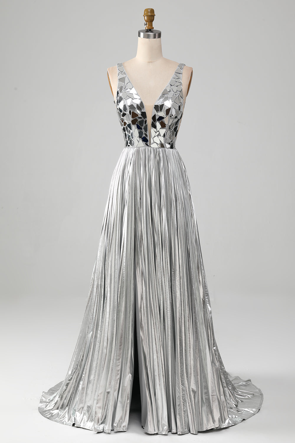Vestido de fiesta largo dorado con escote en V profundo de una línea brillante con frente dividido