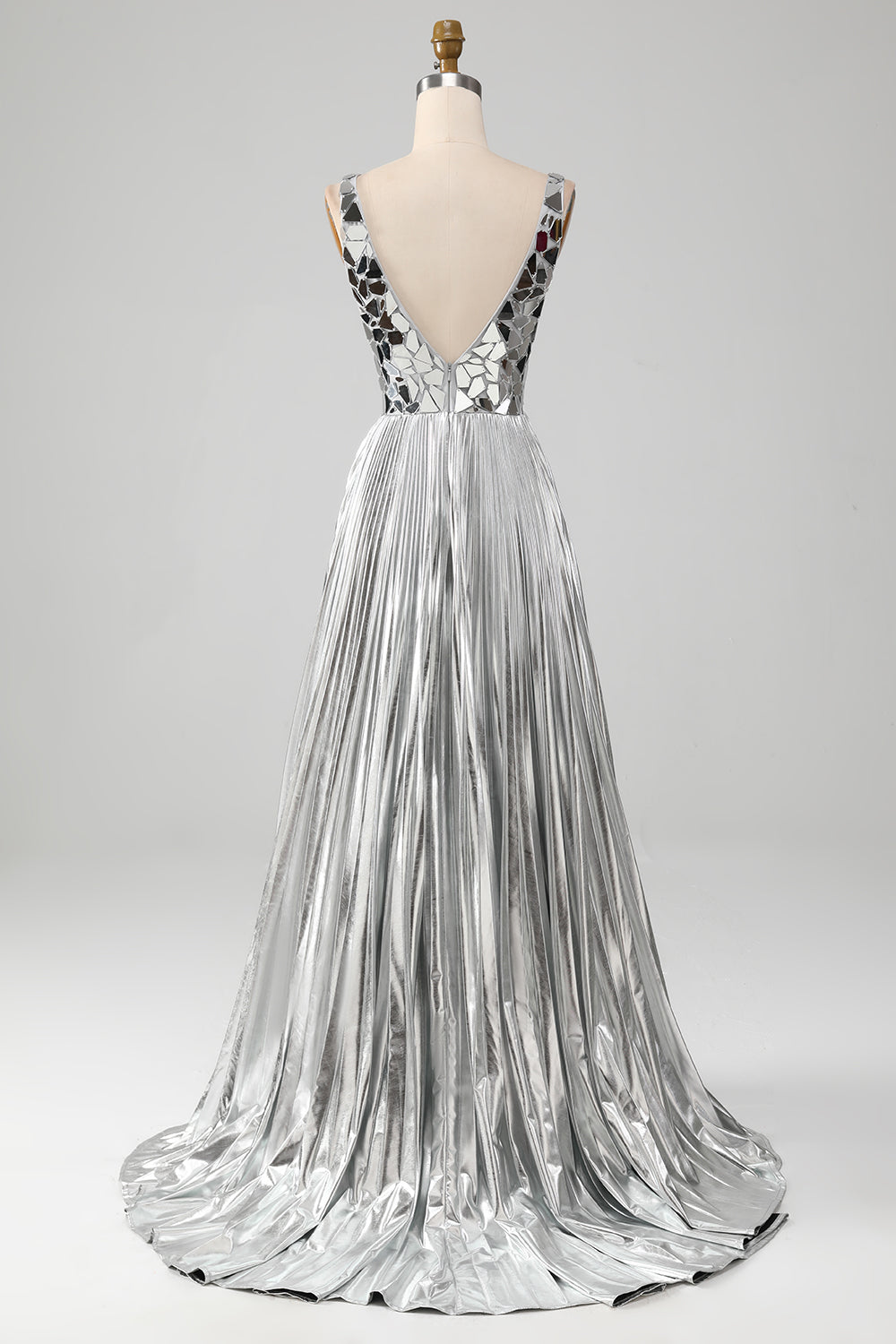 Vestido de fiesta largo dorado con escote en V profundo de una línea brillante con frente dividido