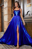 Vestido de fiesta largo azul real brillante de una línea con espalda entrecruzada