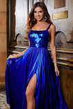 Vestido de fiesta largo azul real brillante de una línea con espalda entrecruzada
