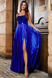 Vestido de fiesta largo azul real brillante de una línea con espalda entrecruzada