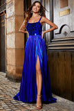 Vestido de fiesta largo azul real brillante de una línea con espalda entrecruzada