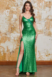 Vestido largo de fiesta de lentejuelas verdes sirena brillante con frente dividido