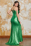 Vestido largo de fiesta de lentejuelas verdes sirena brillante con frente dividido