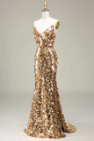 Vestido de fiesta de lentejuelas de sirena dorada brillante con abertura