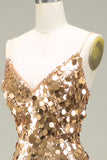 Vestido de fiesta de lentejuelas de sirena dorada brillante con abertura