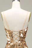 Vestido de fiesta de lentejuelas de sirena dorada brillante con abertura