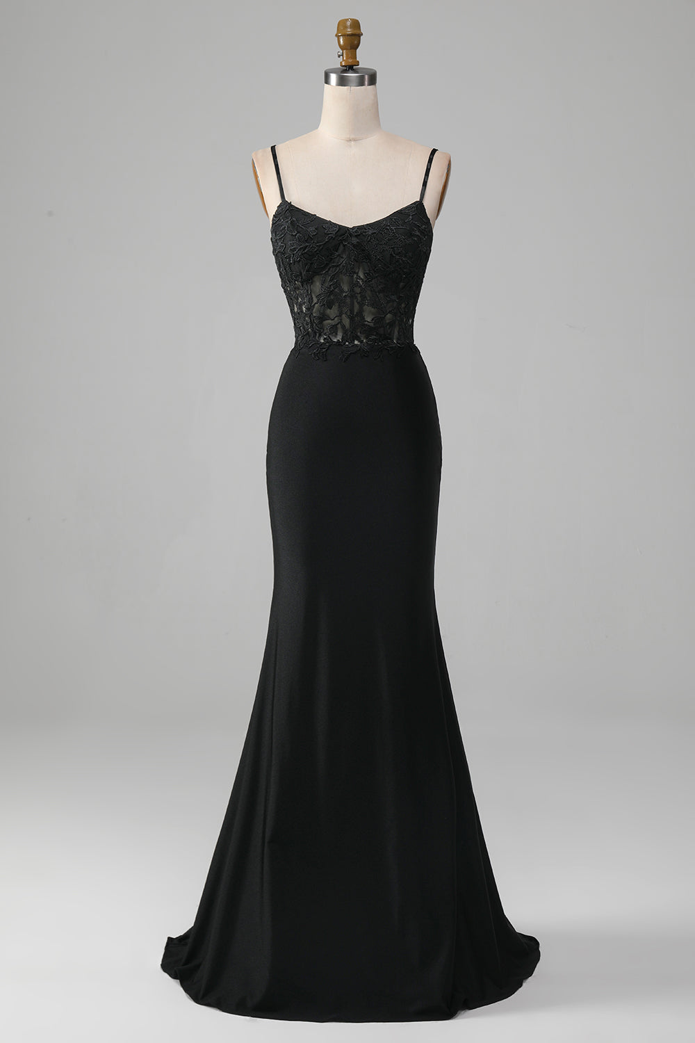 Vestido de fiesta de corsé negro con tirantes de espagueti de sirena con apliques