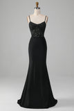 Vestido de fiesta con corsé de tirantes de espagueti de sirena negro con apliques