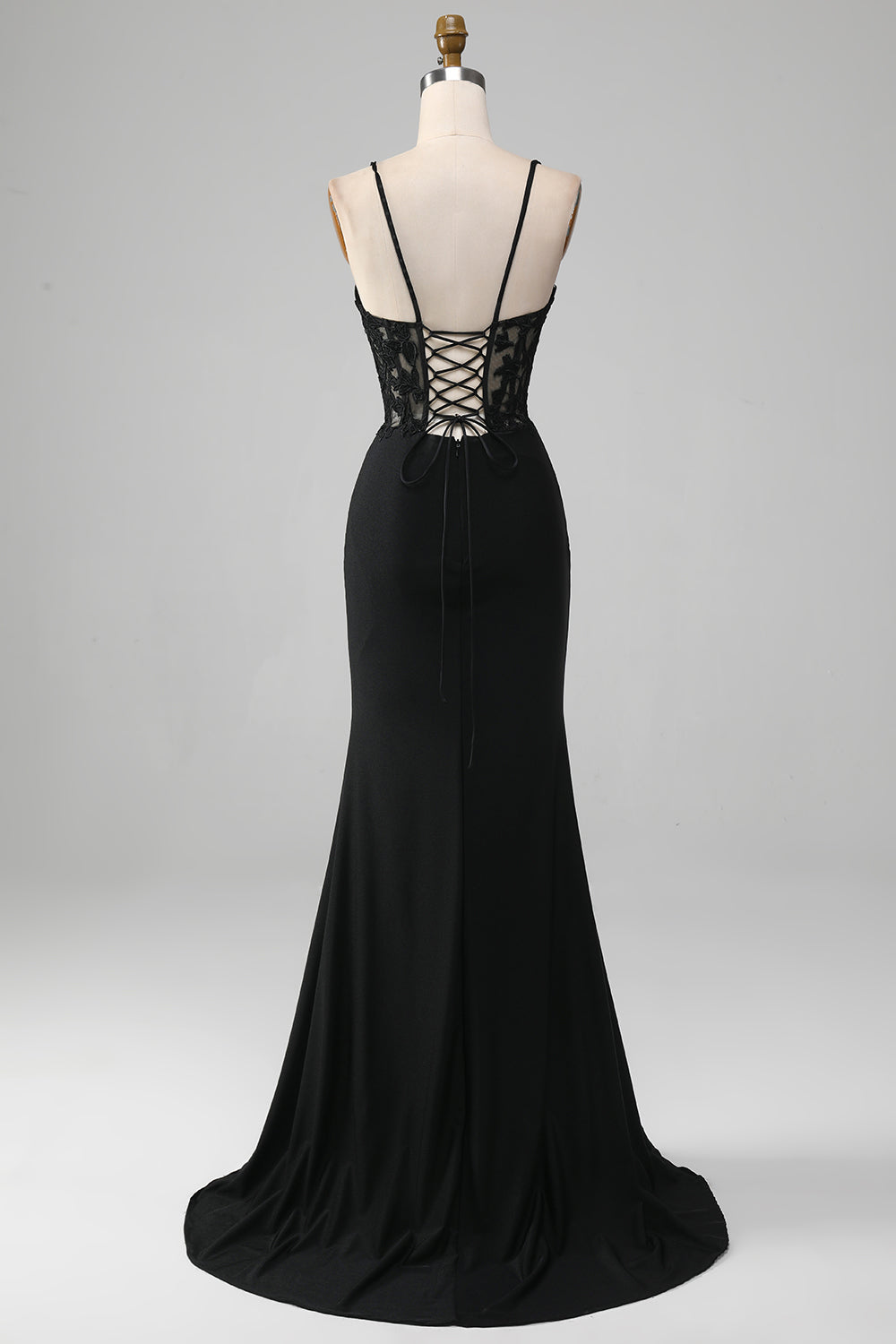 Vestido de fiesta con corsé de tirantes de espagueti de sirena negro con apliques