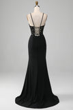Vestido de fiesta con corsé de tirantes de espagueti de sirena negro con apliques