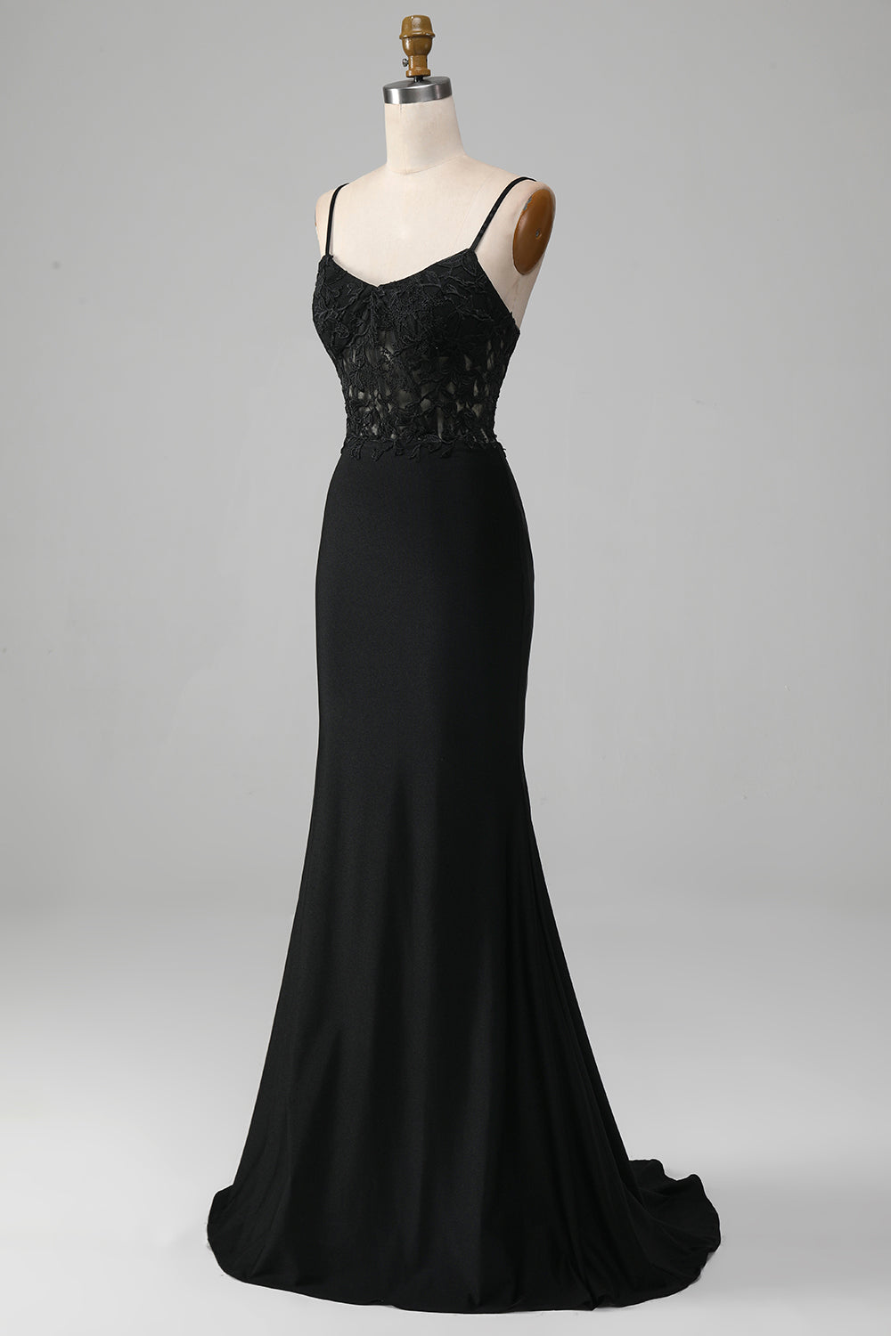 Vestido de fiesta con corsé de tirantes de espagueti de sirena negro con apliques