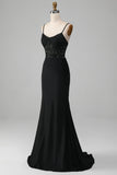Vestido de fiesta con corsé de tirantes de espagueti de sirena negro con apliques