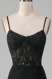 Vestido de fiesta con corsé de tirantes de espagueti de sirena negro con apliques