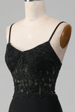 Vestido de fiesta con corsé de tirantes de espagueti de sirena negro con apliques