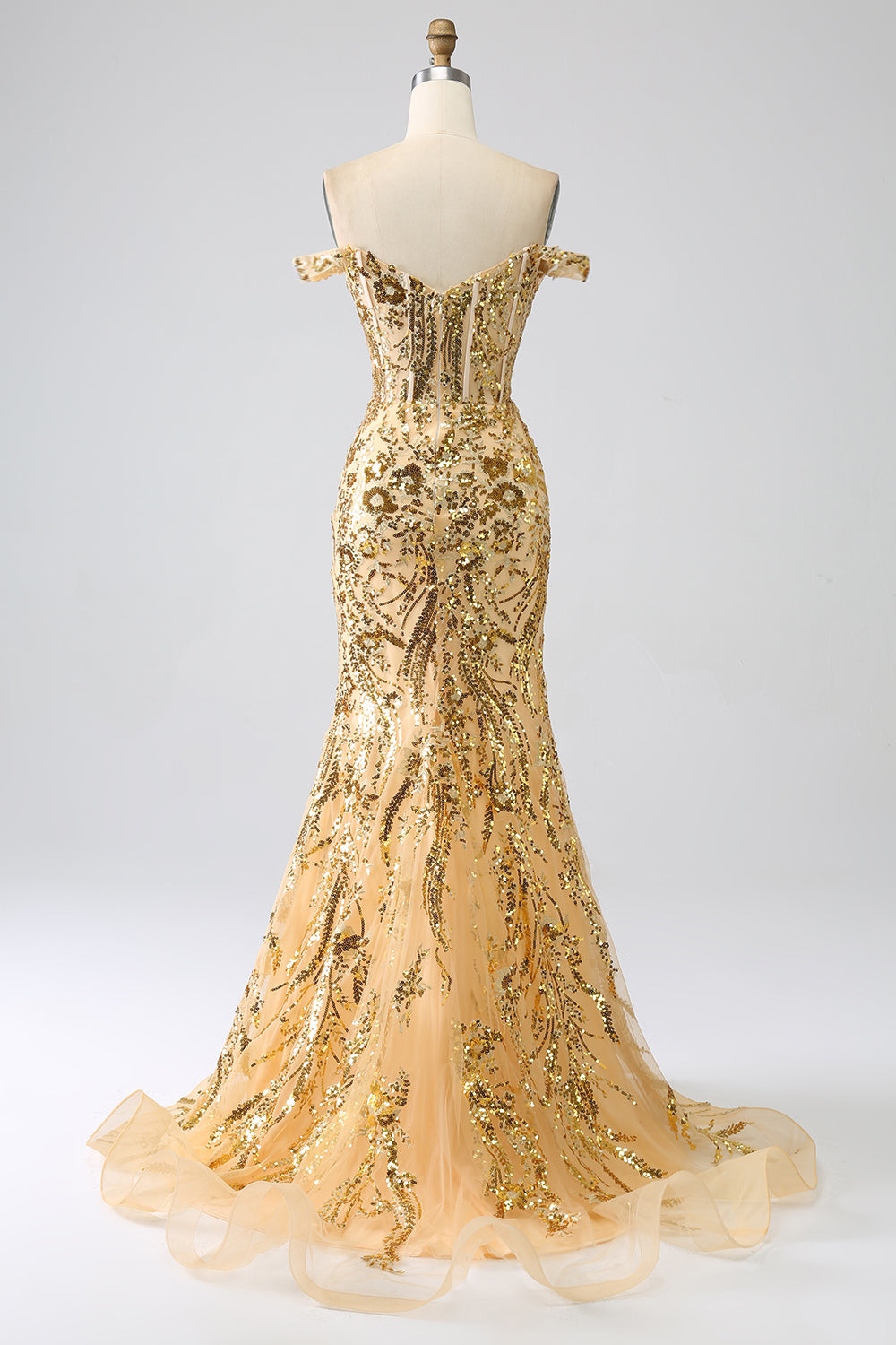 Sirena brillante fuera del hombro Vestido de fiesta de corsé dorado con abertura