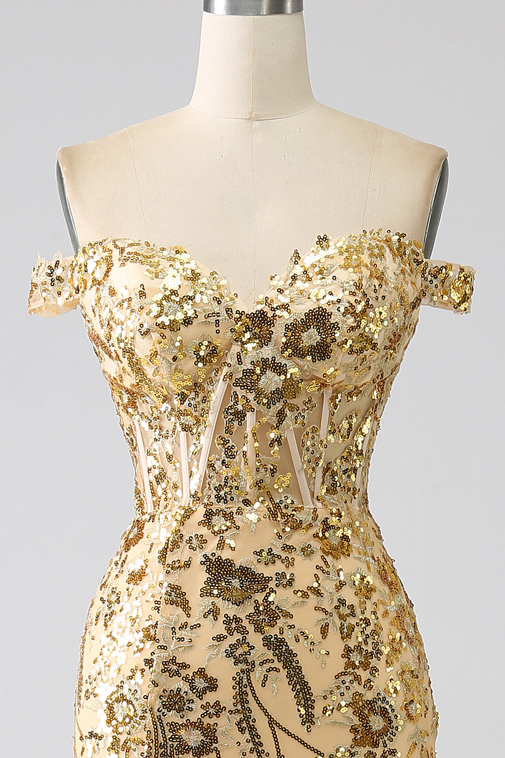 Sirena brillante fuera del hombro Vestido de fiesta de corsé dorado con abertura