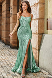 Vestido de fiesta largo verde con tirantes de espagueti de sirena de moda con espalda entrecruzada