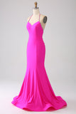Vestido de fiesta largo sin espalda con cuello halter de sirena fucsia