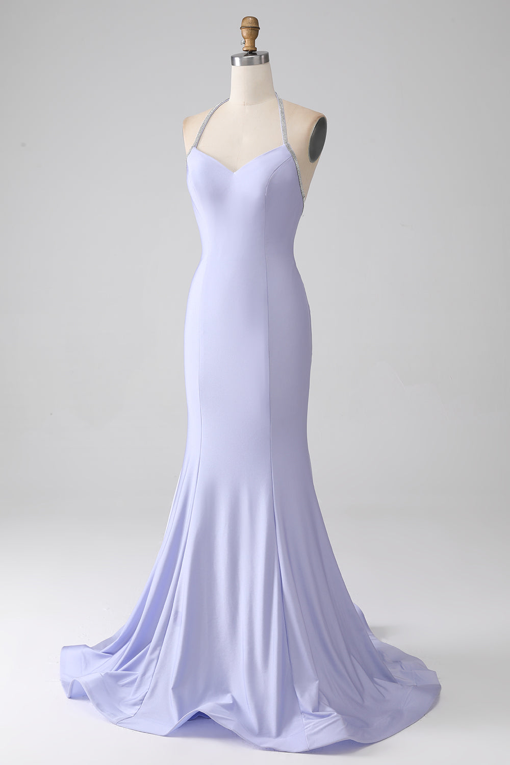 Vestido de fiesta largo sin espalda con cuello halter de sirena fucsia