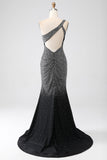 Vestido de fiesta con corsé de un hombro de sirena negro brillante