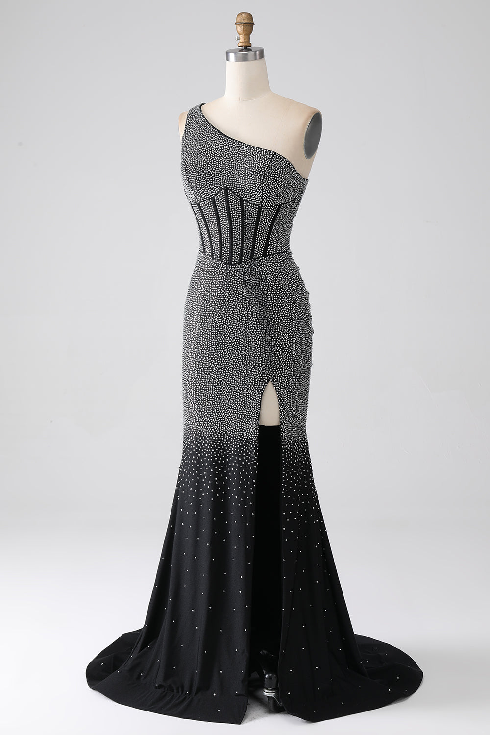 Vestido de fiesta con corsé de un hombro de sirena negro brillante