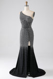 Vestido de fiesta con corsé de un hombro de sirena negro brillante