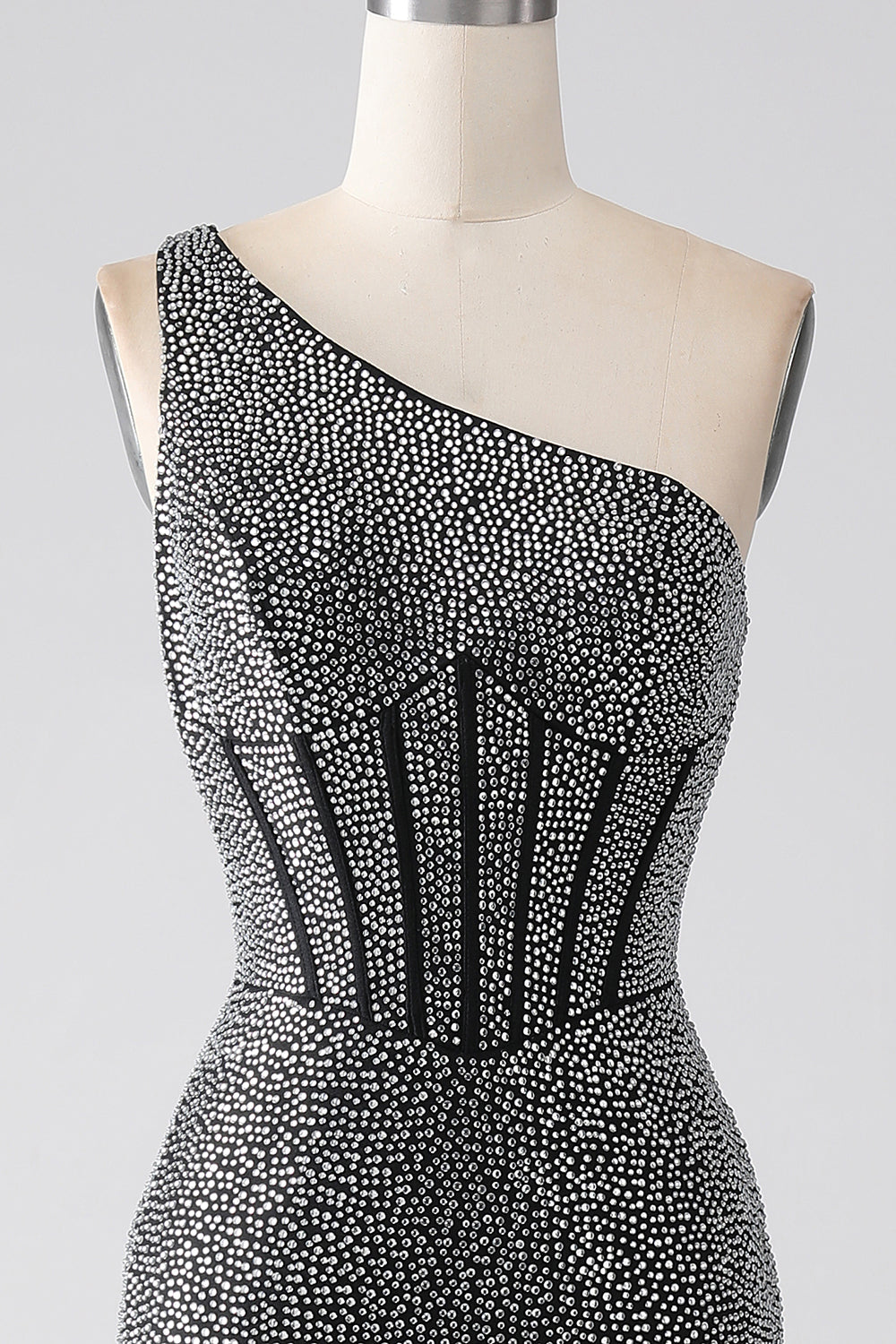Vestido de fiesta con corsé de un hombro de sirena negro brillante