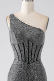 Vestido de fiesta con corsé de un hombro de sirena negro brillante
