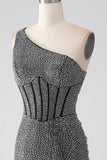 Vestido de fiesta con corsé de un hombro de sirena negro brillante